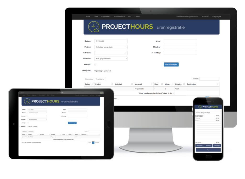 Een weergave van Project Hours als urenregistratie op dekstop, tablet en mobiele app.