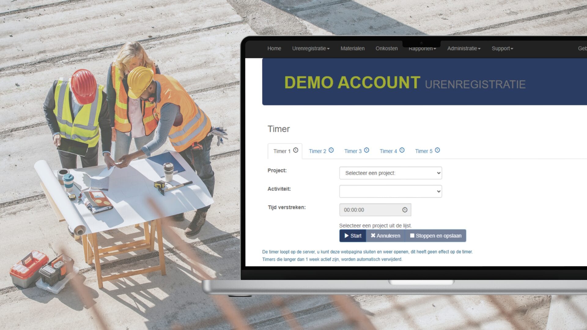 Bouwteam op de bouw dat ondersteund wordt door goede calculatiesoftware