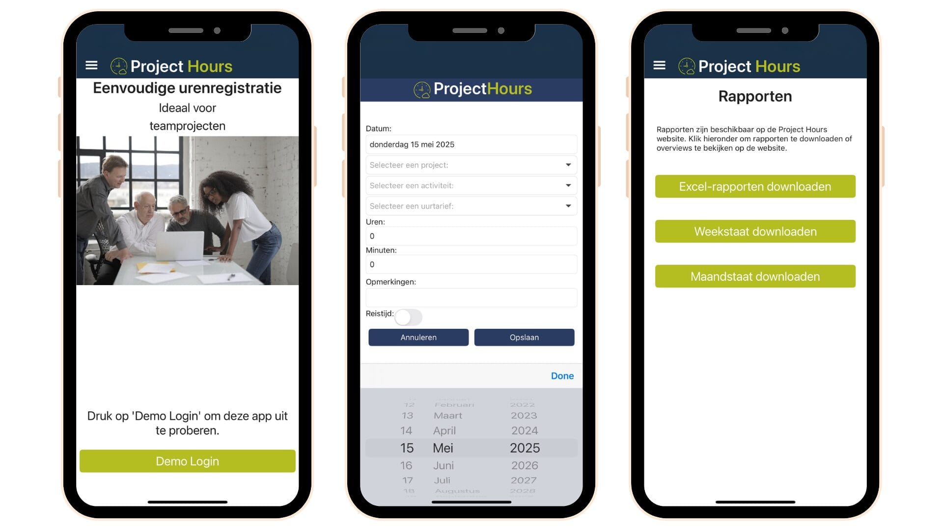 Drie mock-ups van Project Hours als mobiele app voor calculatiesoftware in de bouw