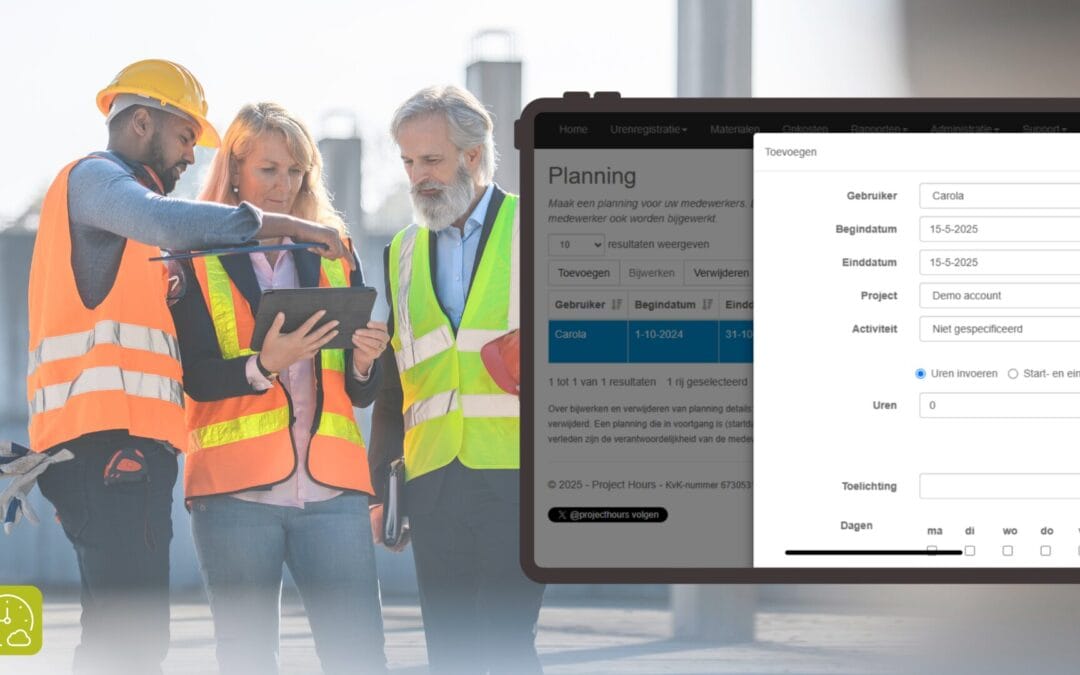 Medewerkers doen hun urenregistratie voor de bouw op locatie met mobiele app, plus een mock-up van Project Hours als software.