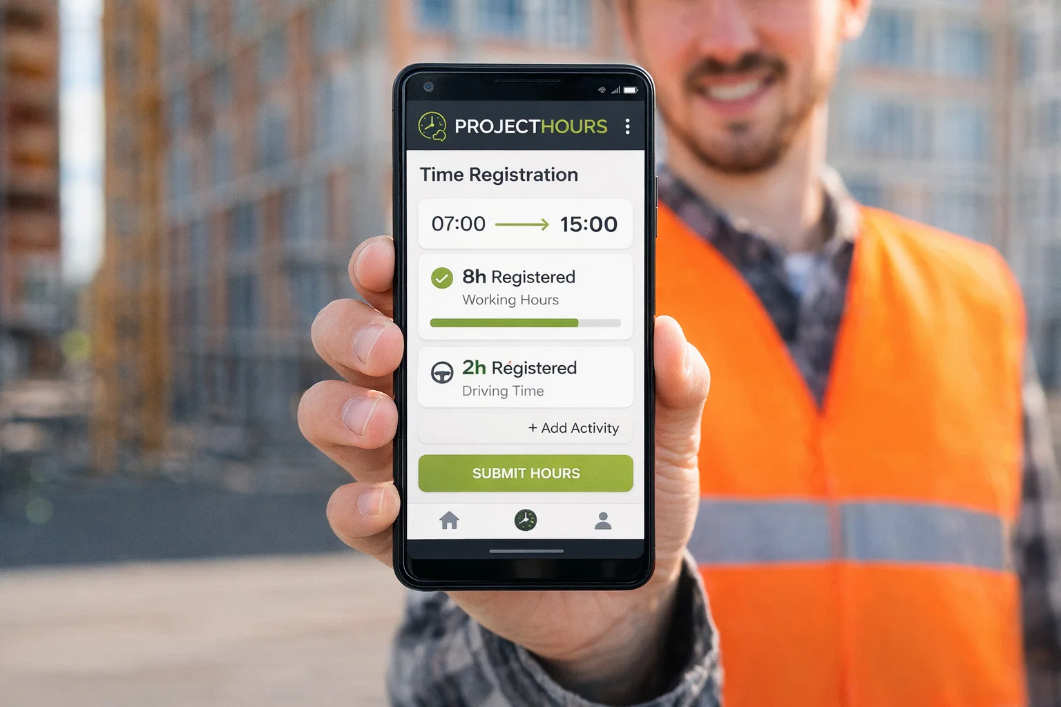 Een afbeelding van een zzp'er, die werkt in de bouw. Hij laat zijn telefoon zien met daarop zijn gewerkte uren en reistijd in het Project Hours systeem
