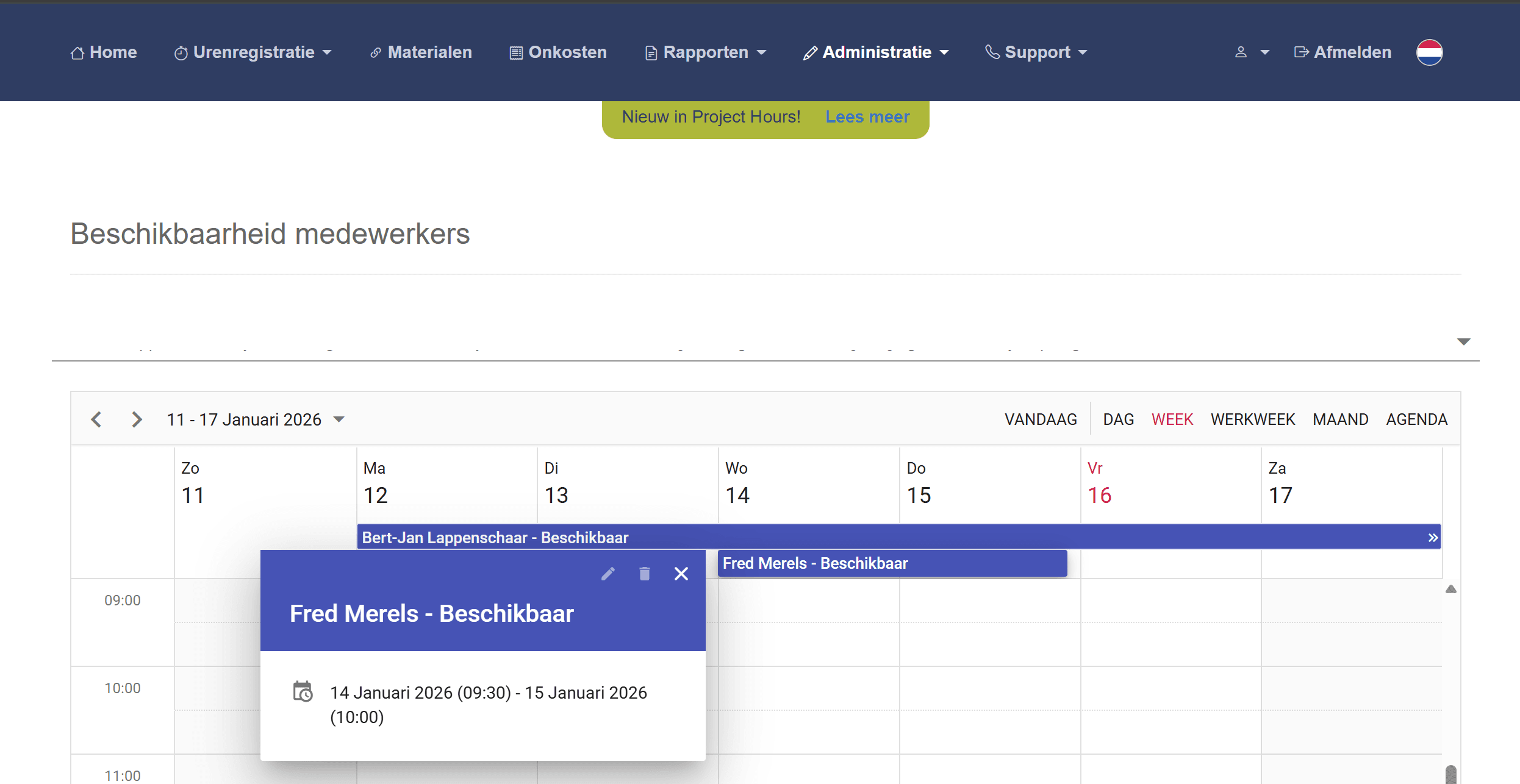 Beschikbaarheid Medewerkers Urenregistratie in 2026, via Project Hours