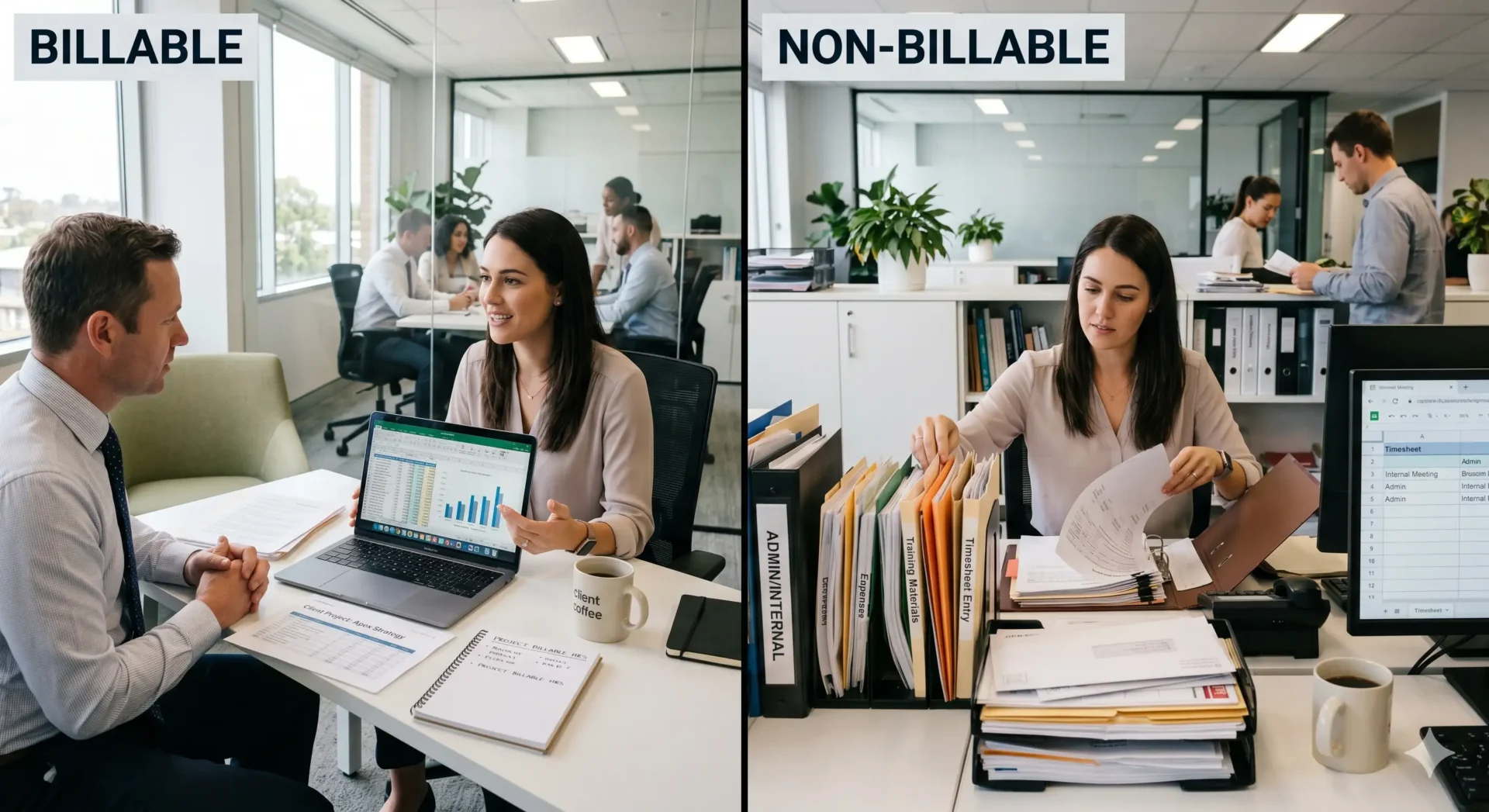 Visuele uitleg van wat billable uren zijn tegenover non-billable uren